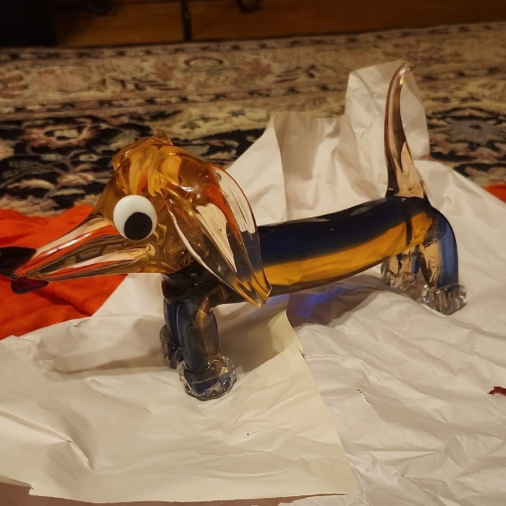 Handcrafted Glass Dachshund Figurine - Amber and Blue